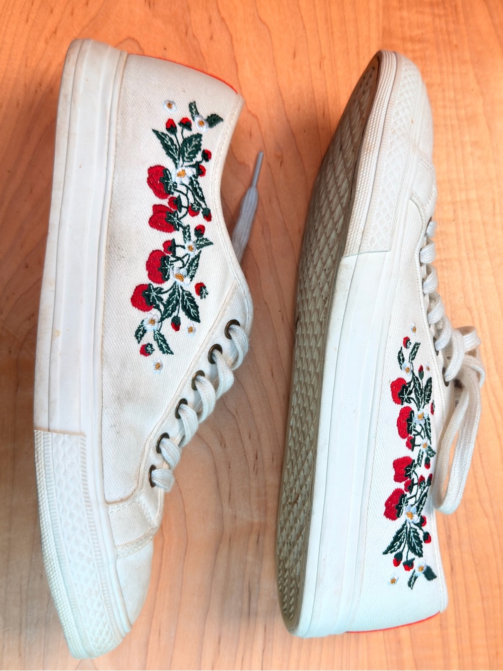 Boden White Canvas Sneakers with Red Floral Embroidery